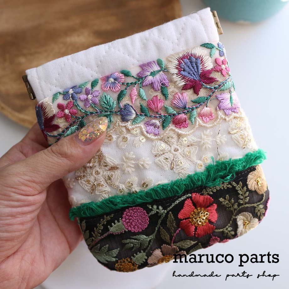 【 ハンドメイド インド刺繍リボン バネポーチ(1) 】 インド刺繍リボン -maruco parts