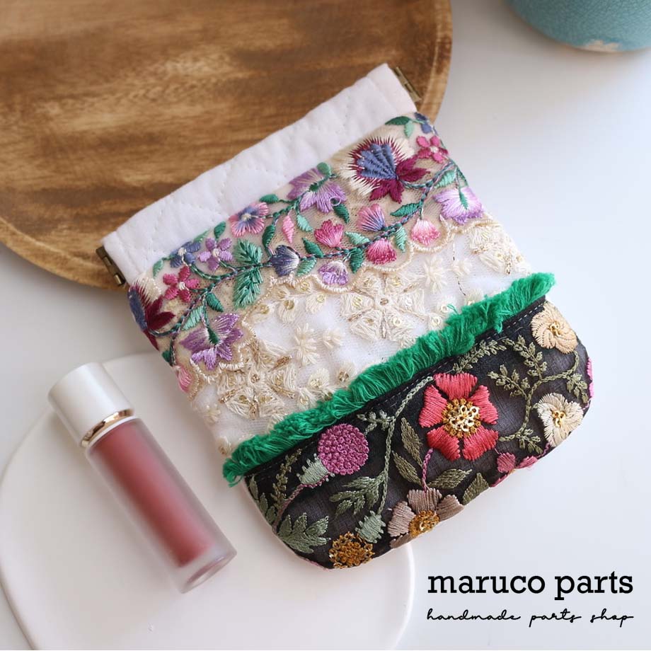 【 ハンドメイド インド刺繍リボン バネポーチ(1) 】 インド刺繍リボン -maruco parts