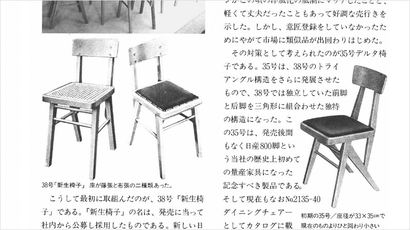 左が38号新生椅子、右が初期型の35号椅子で、のちのデルタチェア（『創業50年史』より