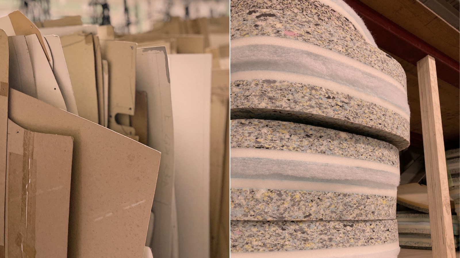マルニファニシングの工場で修理に使用する型紙、クッション材の画像