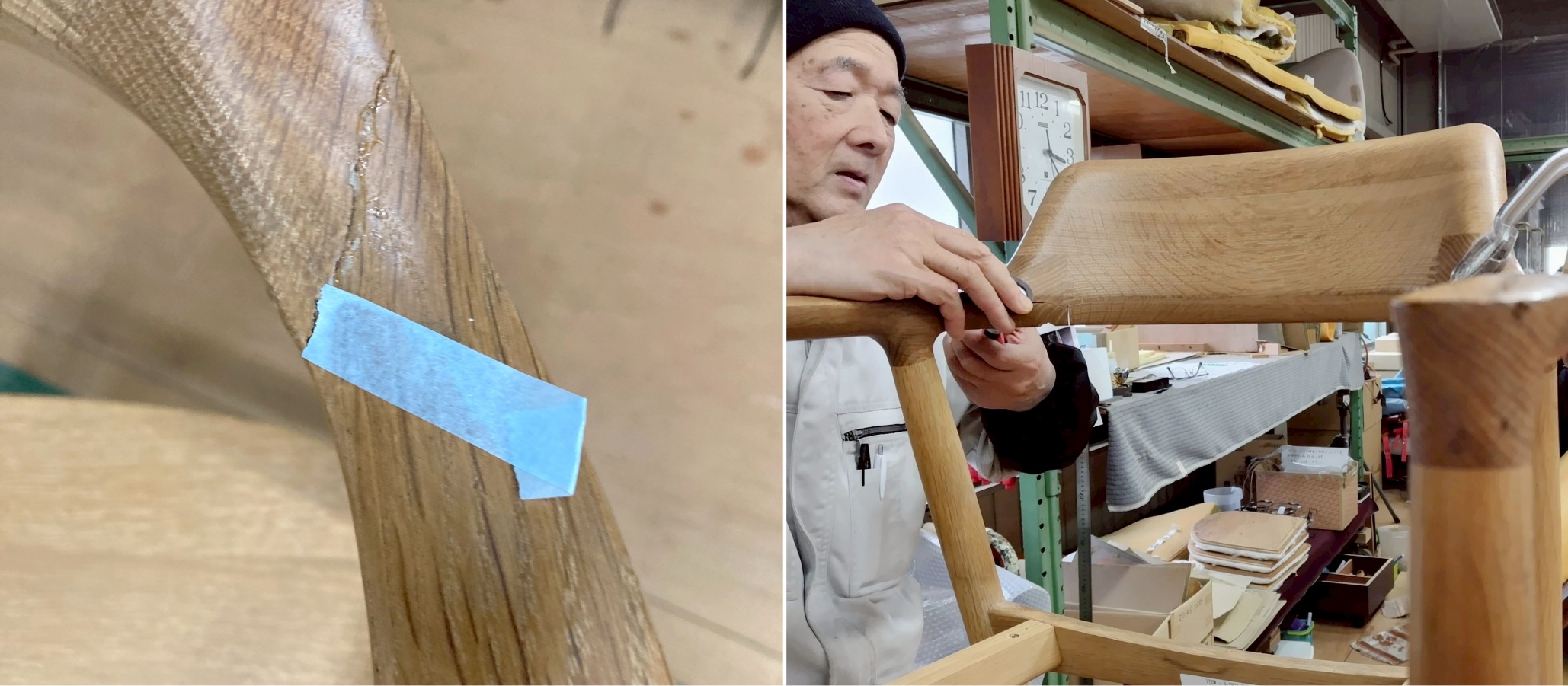 HIROSHIMAアームチェアのひび割れと、セルフ修理による接着剤の残留状態