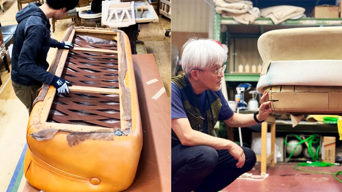 マルニファニシング marunifurnishing マルニ木工 maruni　「ナポリ」3人がけソファの背面のベルトが印象的なBefore。