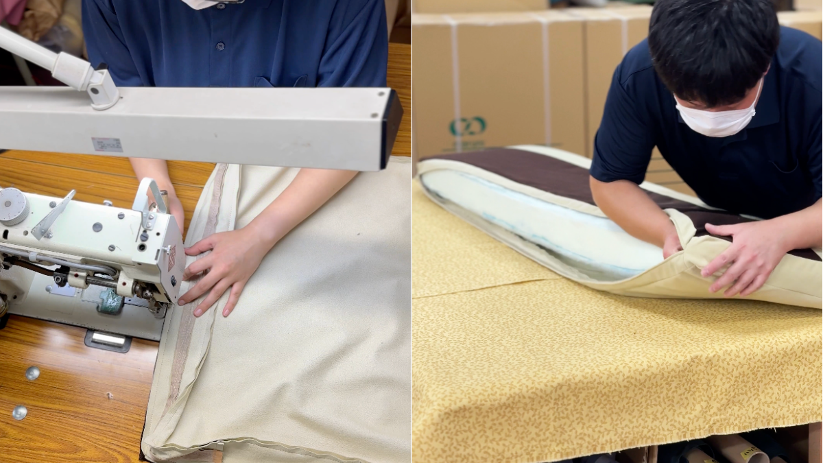 マルニファニシング marunifurnishing マルニ木工 maruni　「ナポリ」3人がけソファの、肘、背面部分の美しいシルエット、手作りのクッション