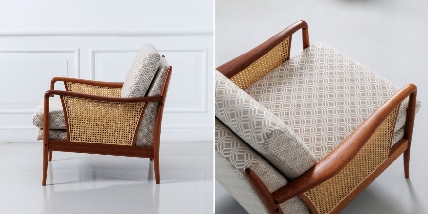 マルニ木工 「ショパン」ラウンジチェア（籐 × Niko ジオメトリック柄ファブリック） [MF-075] 受け継がれる「名作」。赤プリに選ばれた、伝説の曲線美。