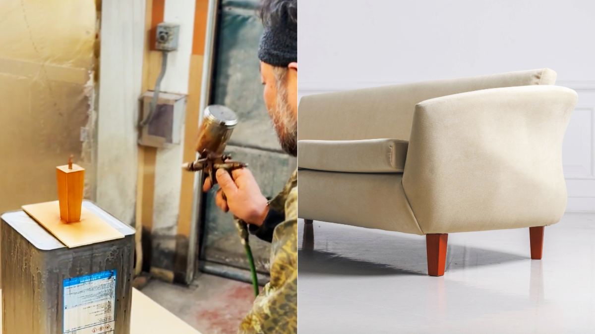 マルニファニシング marunifurnishing マルニ木工 maruni　「ナポリ」3人がけソファの、脚を塗装する職人の様子