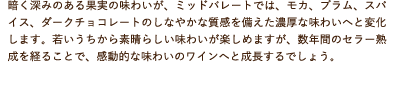 暗く深みのある果実の味わいが、ミッドパレートでは、モカ、プラム、スパイス、ダークチョコレートのしなやかな質感を備えた濃厚な味わいへと変化します。若いうちから素晴らしい味わいが楽しめますが、数年間のセラー熟成を経ることで、感動的な味わいのワインへと成長するでしょう。