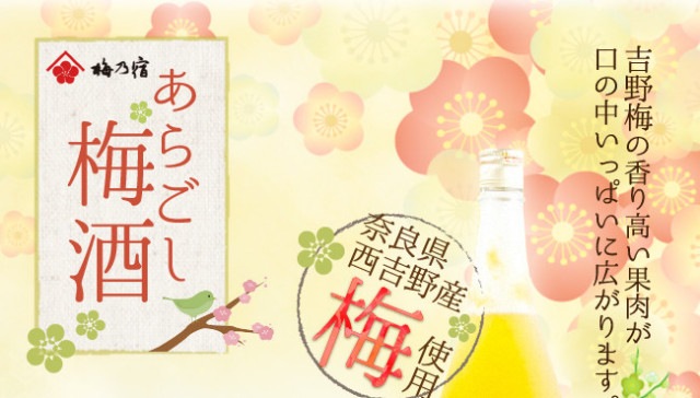 梅乃宿 あらごし梅酒 — 奈良県西吉野産梅使用。吉野梅の香り高い果肉が口の中いっぱいに広がります。