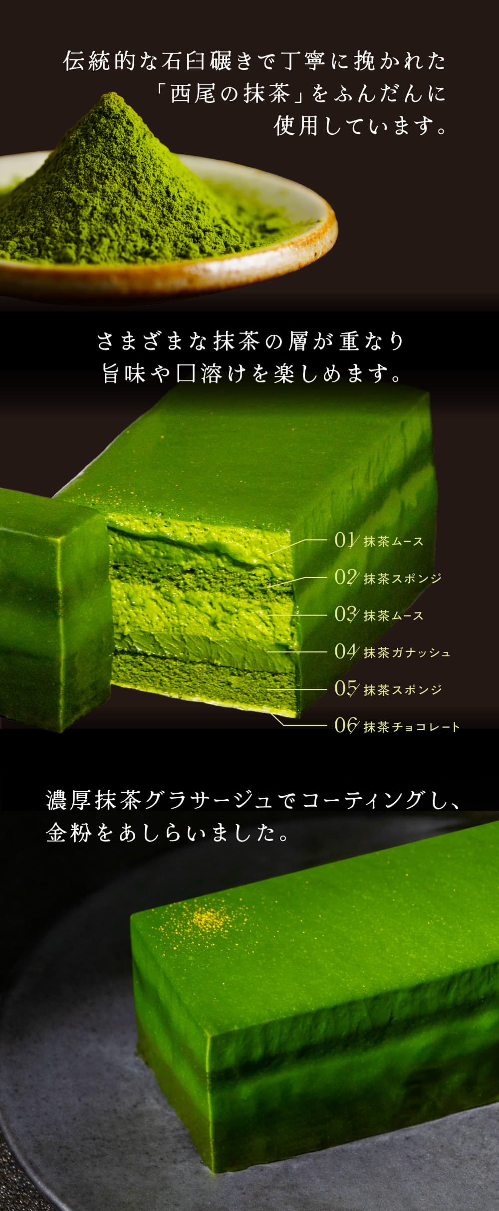 伝統的な石臼挽きで仕上げた西尾抹茶を使用し、抹茶ムース、スポンジ、ガナッシュ、チョコレートなど6層構造で作られた抹茶オペラケーキ。表面は抹茶グラサージュでコーティングし、金粉をあしらった仕上がりを説明する画像