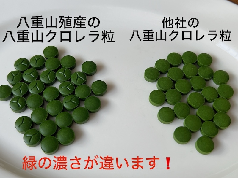 Color comparison of Yaeyama Shokusan Chlorella tablets with other companies' products