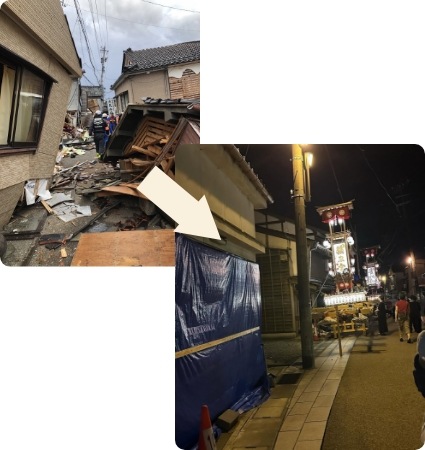 震災直後と現在の能登の町の風景写真