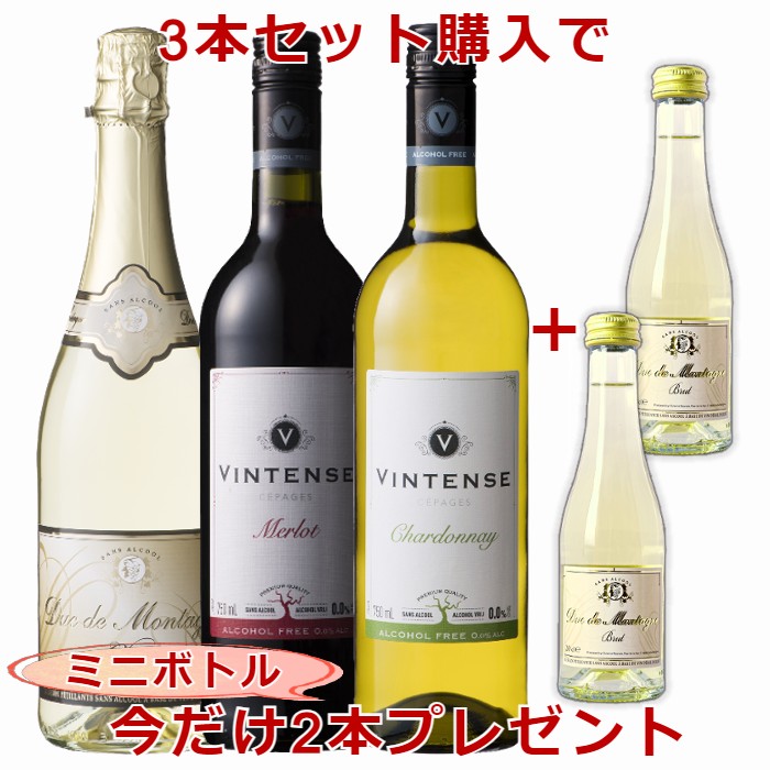 5 ノンアルコールワイン3本セット＜デュク＆メルロー＆シャルドネ＞　BRUTミニボトル 試飲サンプル2本プレゼント【送料無料｜沖縄除く 】