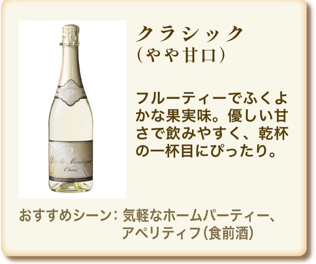 クラシック（やや甘口）フルーティーでふくよかな果実味。乾杯の一杯目にぴったり。おすすめシーン：気軽なホームパーティー、アペリティフ