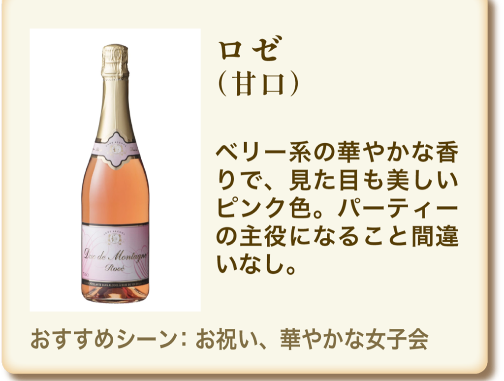 ロゼ（甘口）ベリー系の華やかな香りで見た目も美しいピンク色。おすすめシーン：お祝い、華やかな女子会