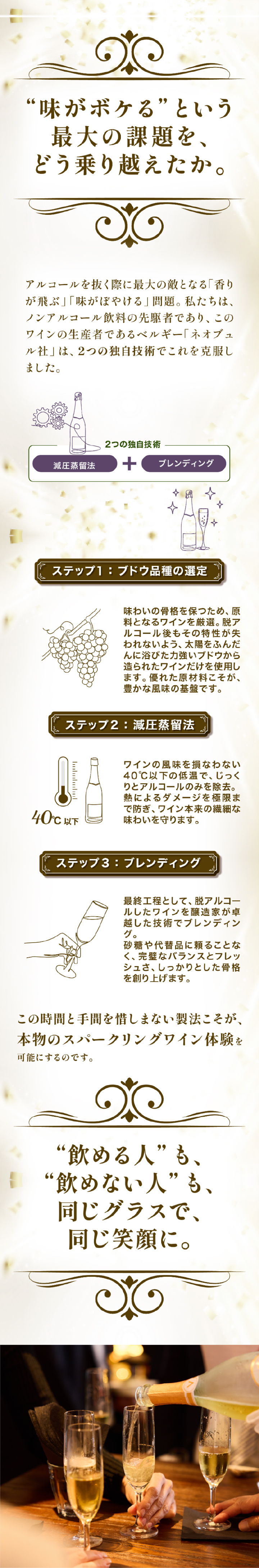 味がボケるという最大の課題を、減圧蒸留法とブレンディングの2つの独自技術で克服。ブドウ品種の選定、40℃以下の低温蒸留、職人によるブレンディングの3ステップ