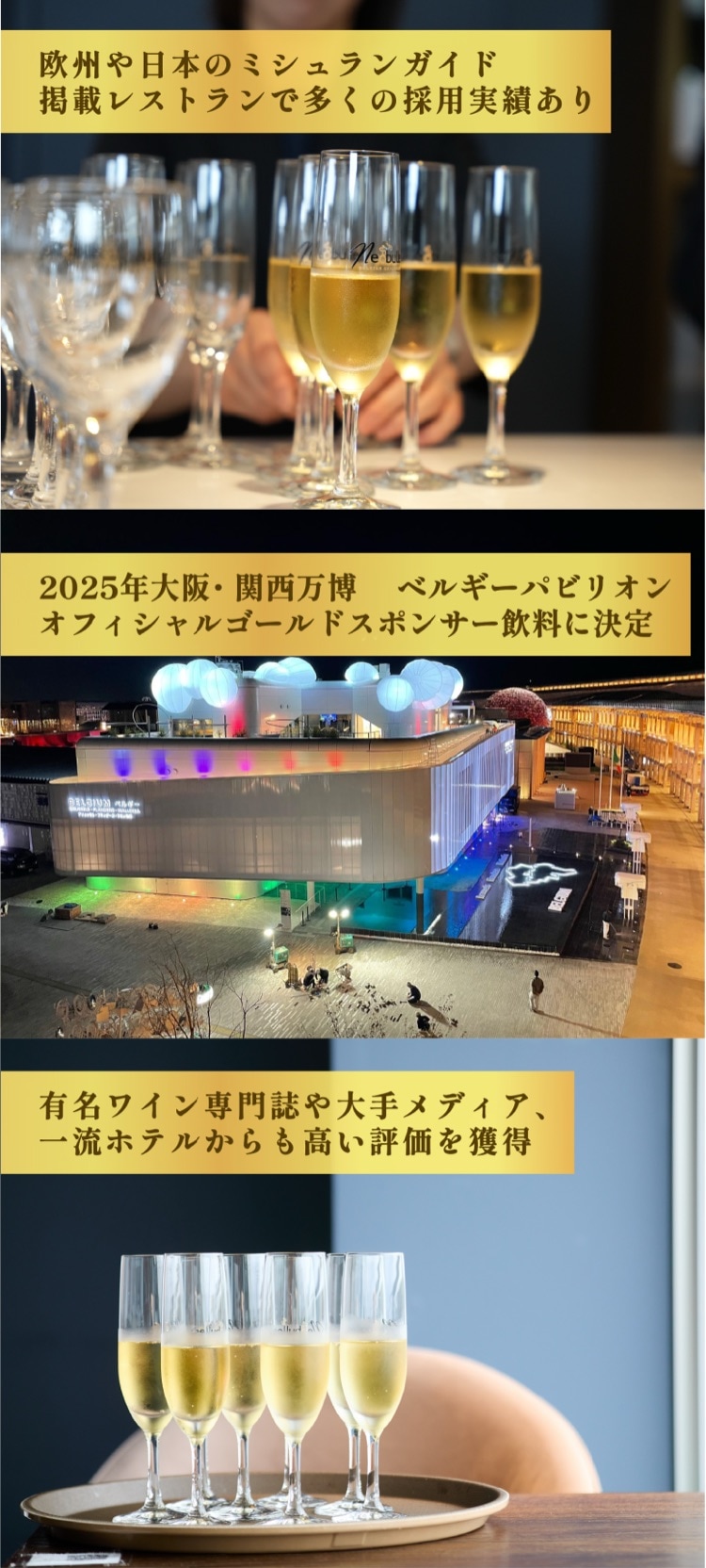 欧州や日本のミシュランガイド掲載レストランで多くの採用実績。2025年大阪・関西万博ベルギーパビリオン オフィシャルゴールドスポンサー飲料に決定。有名ワイン専門誌や一流ホテルからも高い評価を獲得