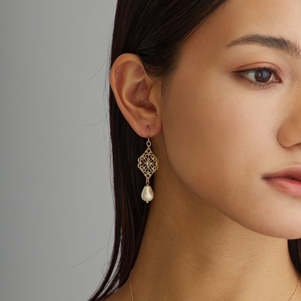 送料無料 日本製 透かしシェイプorフラワーのコットンパールピアス