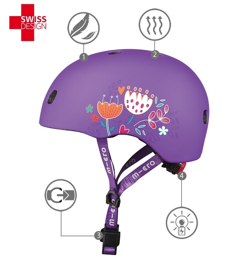 子供用ヘルメットLED フローラルパープル [CE認証] - アクセサリー