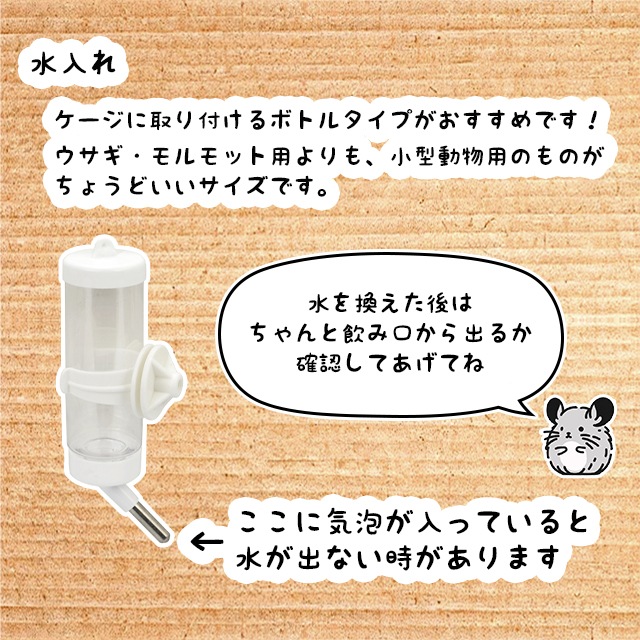 飲み水は給水ボトルタイプがおすすめ。ウサギ用よりも小型動物用の物がちょうどいいサイズです。