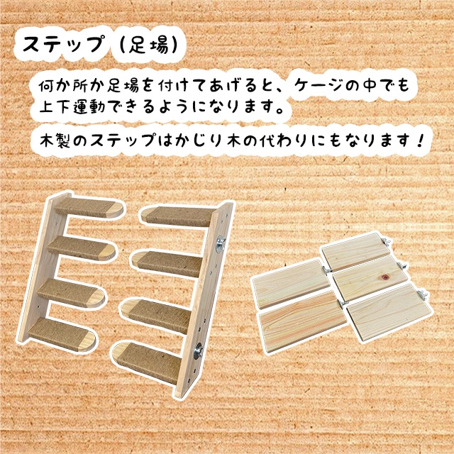 ケージ内に足場を何か所か付けると、上下運動ができます。