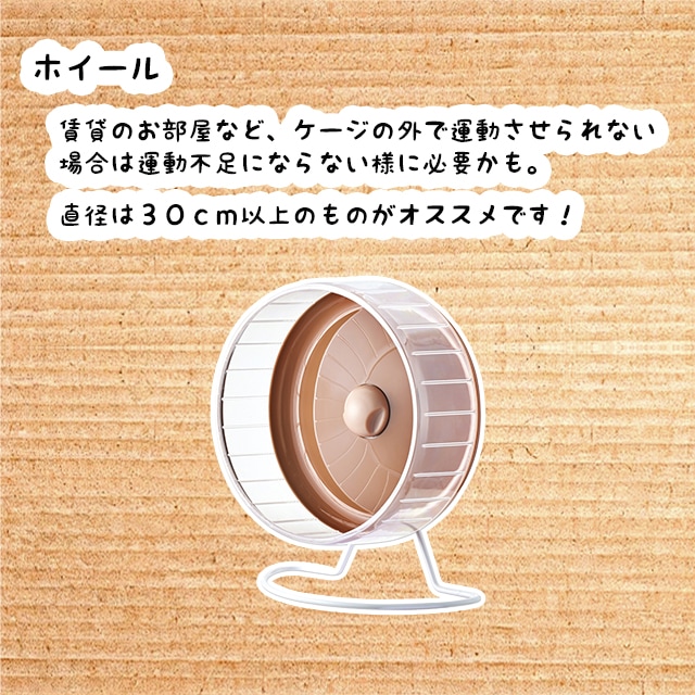 賃貸物件などでケージの外に出せない時は、運動不足解消にホイール（回し車）を使う事もあります。