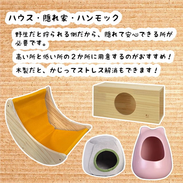 チンチラは自然の中で天敵に捕食される側です。体を隠して安心できる隠れ家が必要です。ケージの高い所と低い所の両方に設置するのがおすすめです。