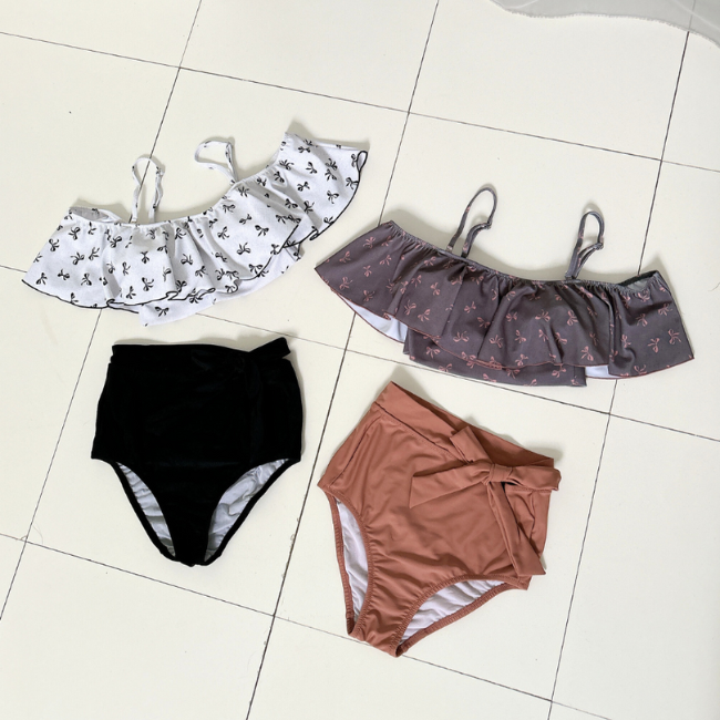 リボン柄ハイウエストオフショルダービキニ