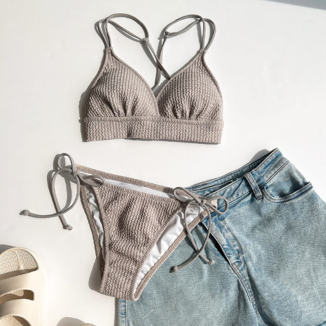 ワッフルニット素材クロス三角ビキニ