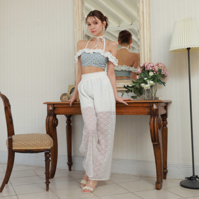 ジャガード素材フリルオフショルダービキニ