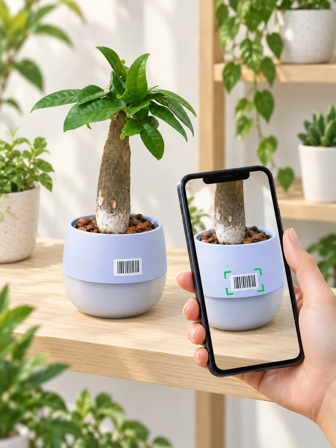鉢のバーコードをスマートフォンで読み取る様子