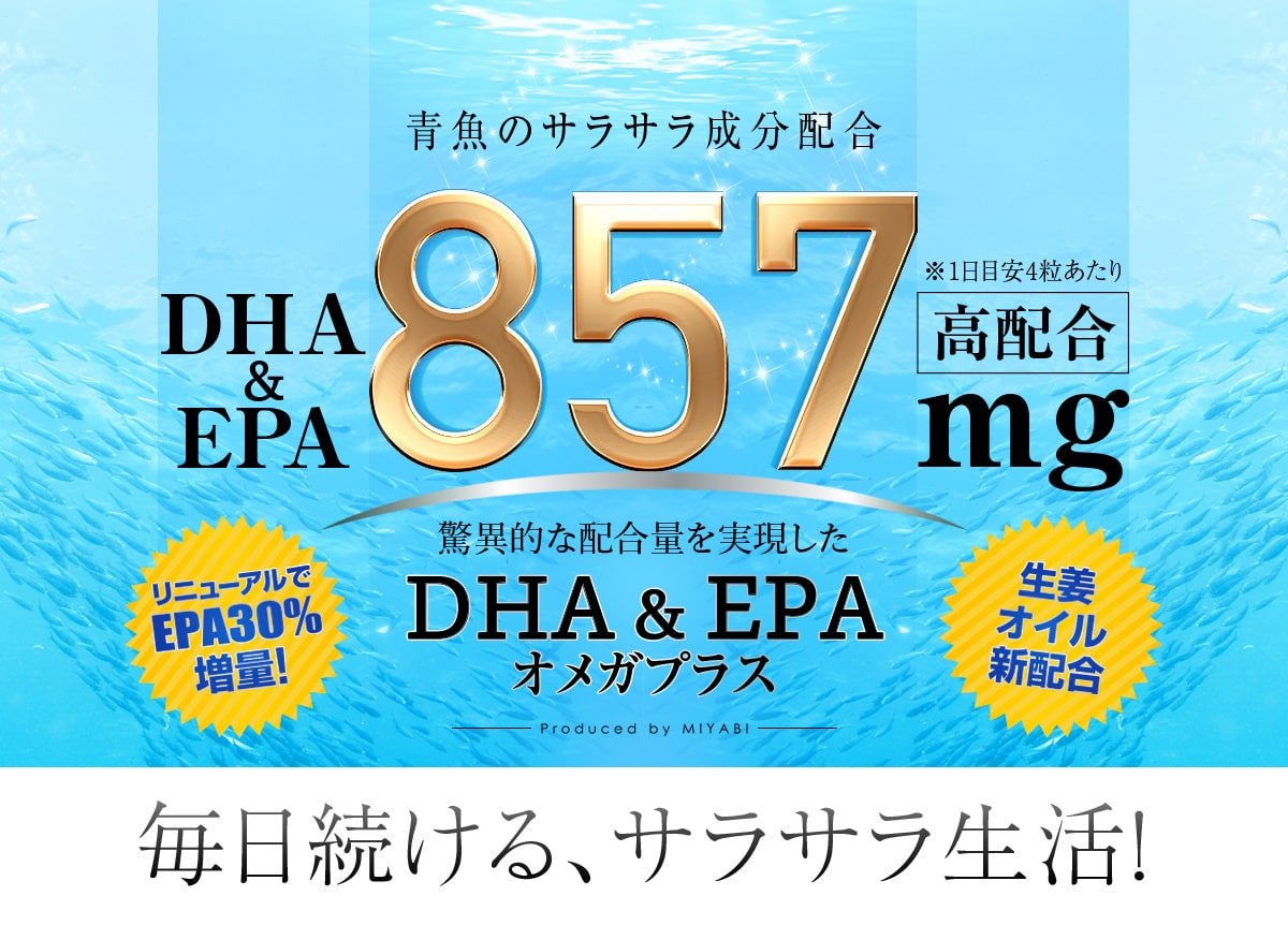 青魚のサラサラ成分配合
DHA＆EPA 857mg　高配合※1日目安4粒あたり
驚異的な配合量を実現した『DHA＆EPAオメガプラス』
リニューアルでEPA30％増量！
生姜オイル新配合
毎日続ける、サラサラ生活！