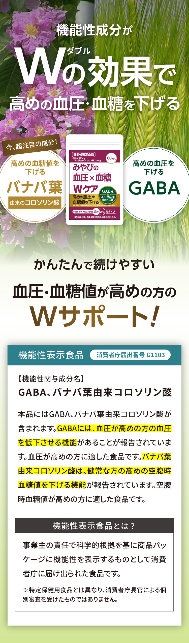 機能性成分がWの効果で高めの血圧・血糖を下げる。今超注目の成分！高めの血糖値を下げるバナバ葉由来のコロソリン酸！高めの血圧を下げるGABA！かんたんで続けやすい、血圧・血糖値が高めの方のWサポート！【機能性表示食品】消費者庁届出番号G1103【機能性関与成分名】GABA、バナバ葉由来コロソリン酸／本品にはGABA、バナバ葉由来コロソリン酸が含まれます。GABAには、血圧が高めの方の血圧を低下させる機能があることが報告されています。血圧が高めの方に適した食品です。バナバ葉由来コロソリン酸は、健常な方の高めの空腹時血糖値を下げる機能が報告されています。空腹時血糖値が高めの方に適した食品です。