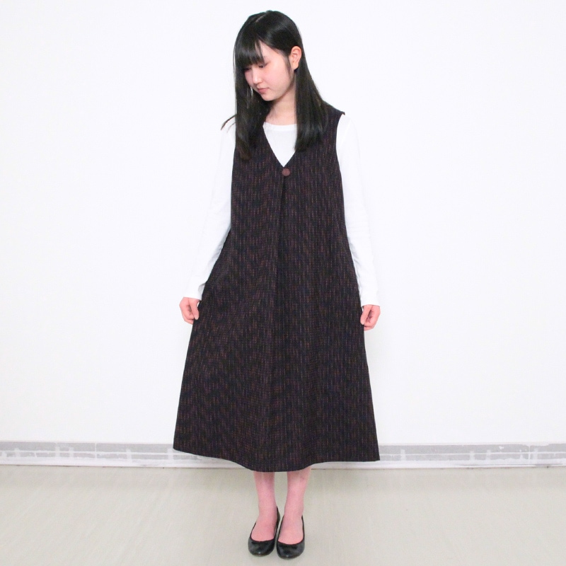 彩藍 縞絣調 赤ジャンパースカート 