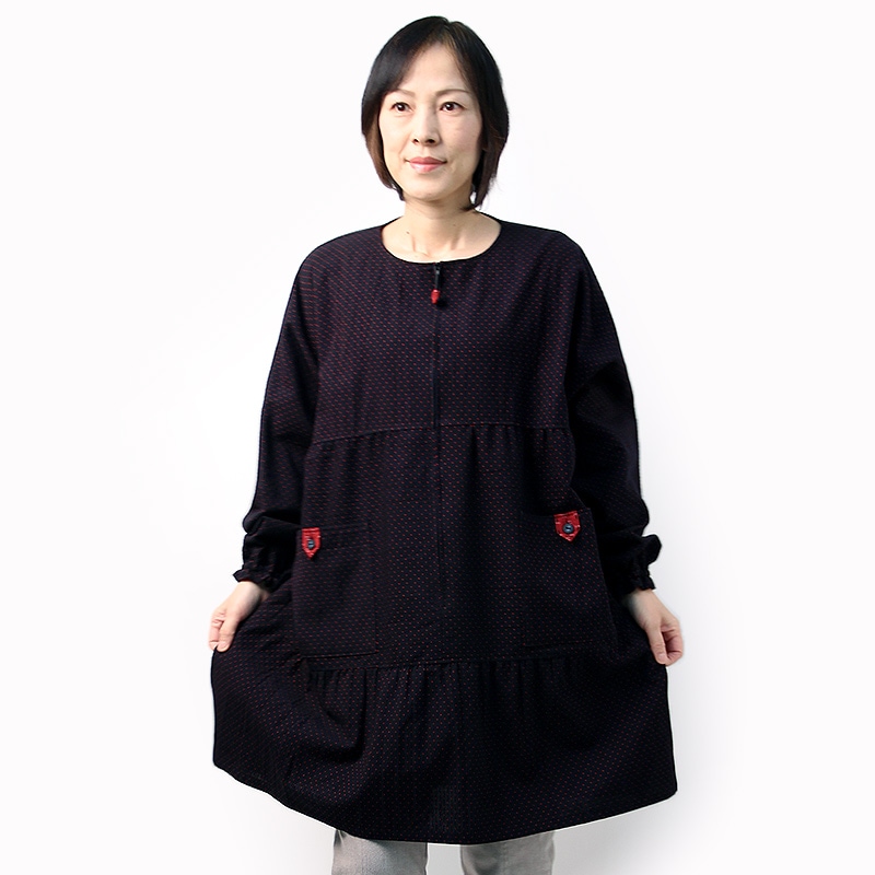 スモックエプロン 切替えギャザー 黒/赤