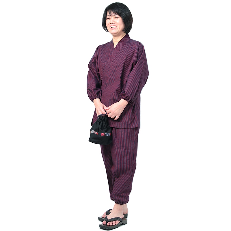 あい藍 日本製 作務衣 厚地変り刺子かつお 縞 しま 柄 素材感あふれ粋な着こなし