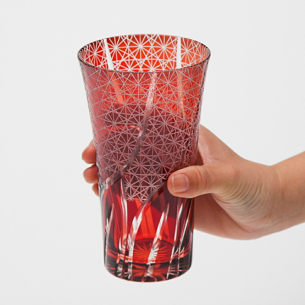 切子ビールグラス Lサイズ 切子グラス ビアグラス タンブラー おしゃれ コップ 菊つなぎ レッド 赤 赤銅色 食洗機対応-みよし漆器本舗