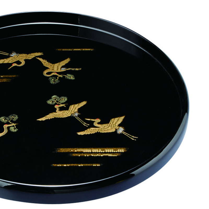 紀州塗り お盆 トレー 30cm 木製丸盆 黒塗り 吉兆鶴 おしゃれ お