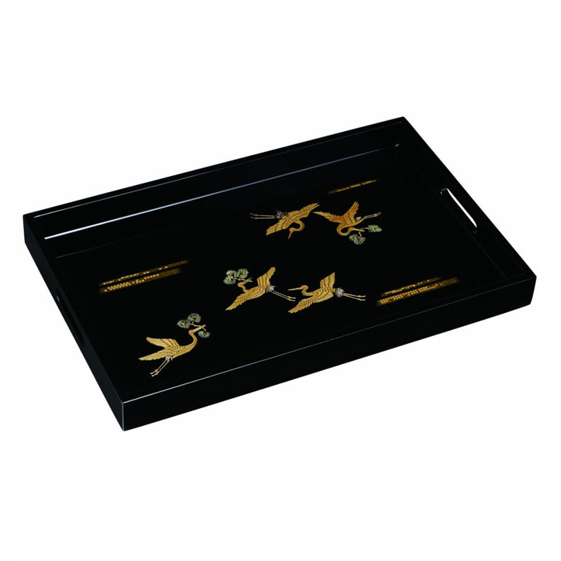 紀州塗り お盆 トレー 45cm 木製長手盆 黒塗 吉兆鶴 おしゃれ お