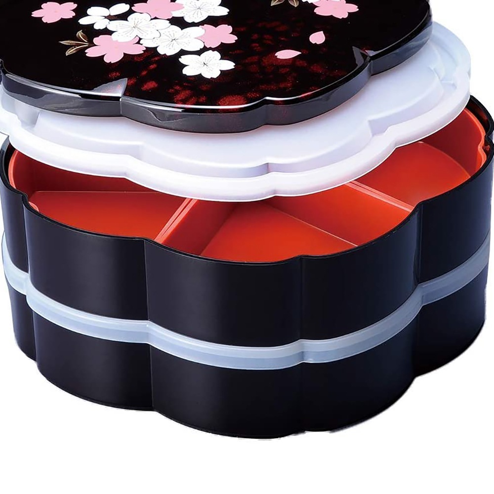 紀州塗り 7.5寸 桜型 二段オードブル 重箱 別甲 さくら シール蓋付 5B