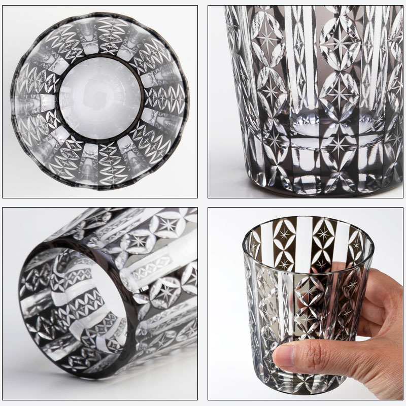 七宝柄　黒　切子グラス　未使用品 切子オールドグラス 七宝 薄墨色 グレー 食洗機対応 | カップ・茶器