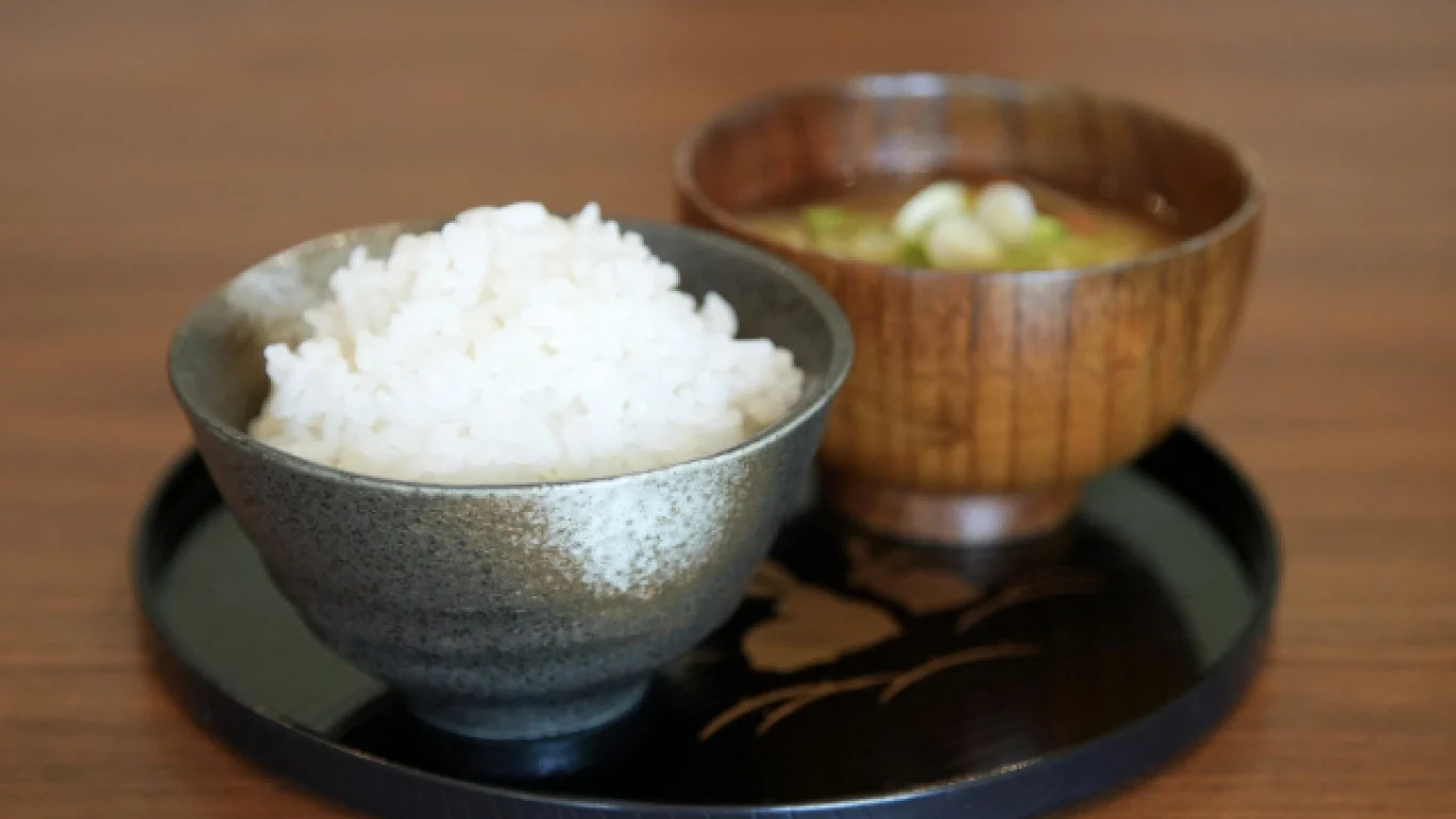 赤味噌と豆腐・ネギ・わかめの味噌汁と家庭用浄水器「磨水Ⅳ（まみず４）」