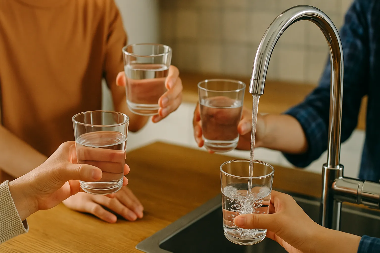 家族全員でおいしく水を飲んでいるイメージ