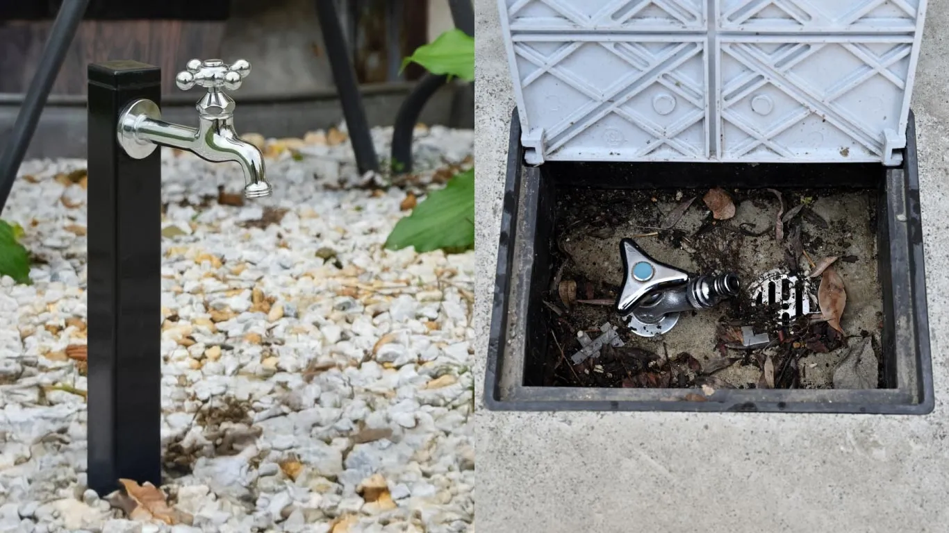 黒い水栓柱とクロムメッキの蛇口・散水ボックスの施工写真