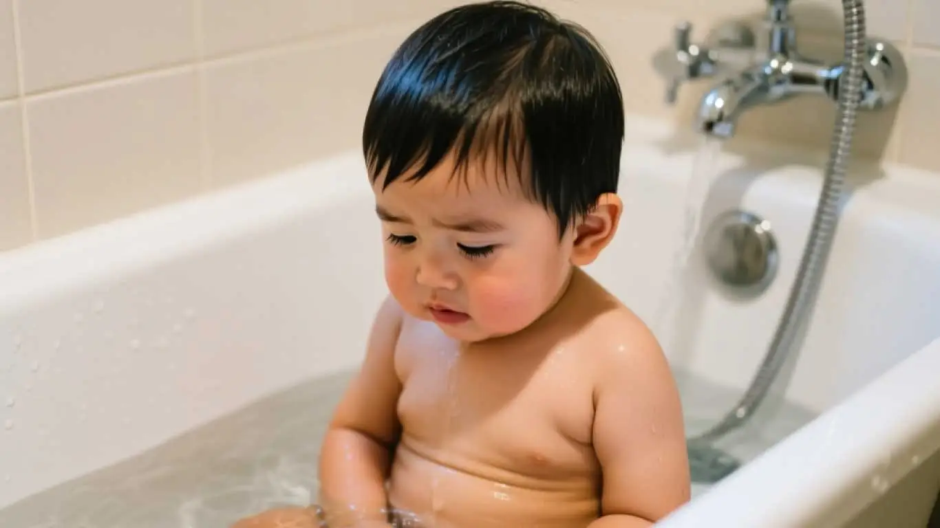 お風呂で悲しそうな顔をしている男の子