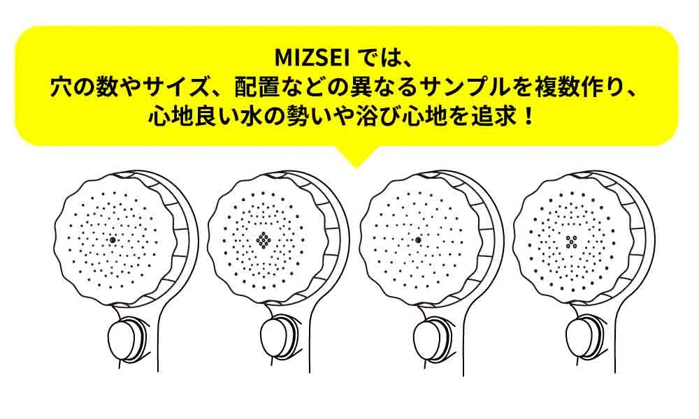MIZSEIでは、穴の数やサイズ、配置などの異なるサンプルを複数作り、心地良い水の勢いや浴び心地を追求！