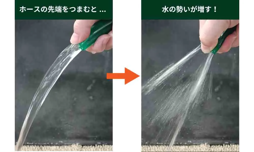 ホースの先端をつまむ前後の様子。先端をつまむと、水の勢いが増していることが分かる