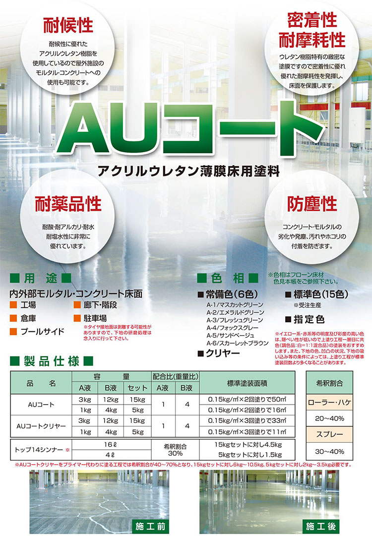 東日本塗料 AUコート＜アクリルウレタン薄膜床用塗料＞ 5kg【送料無料