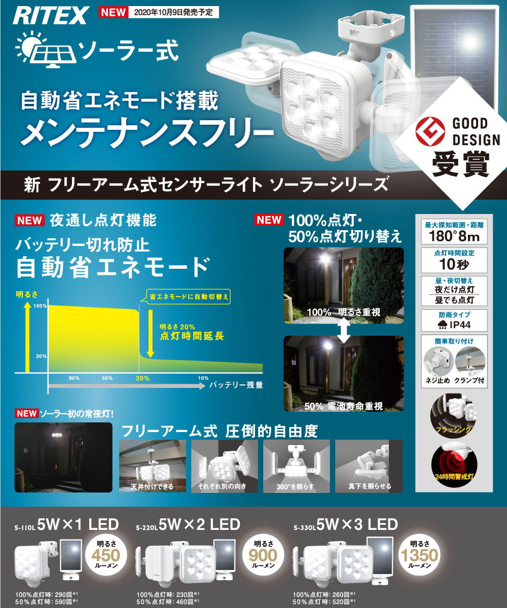 ムサシ 5W×2灯 フリーアーム式LEDソーラーセンサーライト S-220L＜防犯 ...