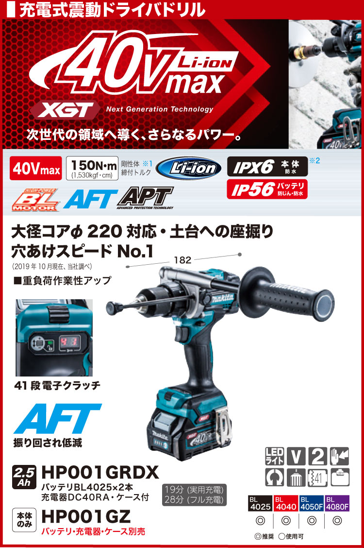 ☆未使用グリス流れ☆ makita マキタ 40Vmax コードレス振動ドリルドライバー HP001GRDX バッテリー2個(2.5Ah) 充電器+ケース 79996