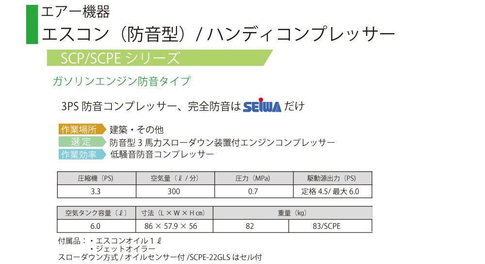 精和産業 コンプレッサー SCP-22GLS / SCPE-22GLS＜ガソリンエンジン防音型＞通販｜現場にいいもの【ものいち】