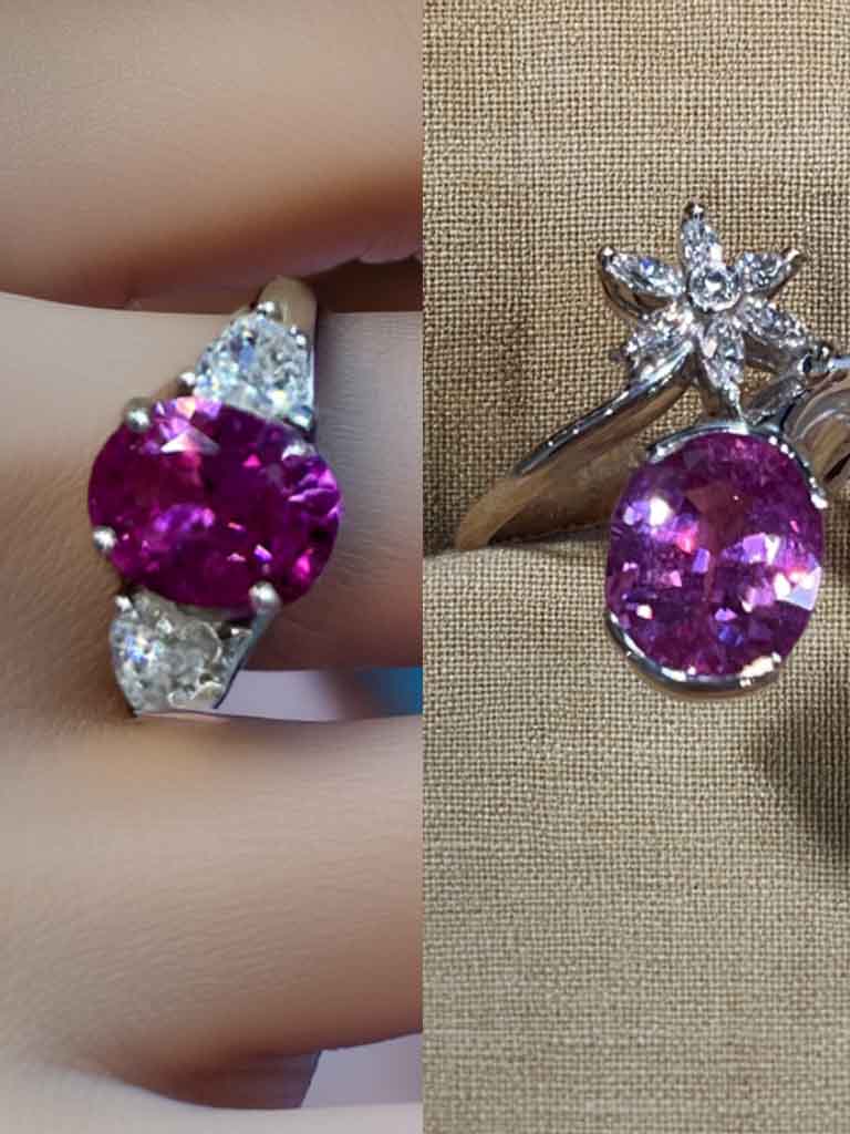 左：2万円 ラボグロウンルビー / 右：120万円 天然ルビー